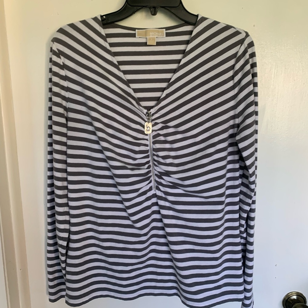 Michael Kors Black and White Striped Long Sleeve Top